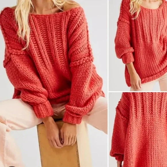 Free People Be There Oversized Chunky Cableknit Pullover Sweater in Coral - Picture 1 of 7